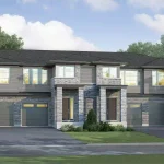Architectural rendering of Splendour Mountainview modern townhomes featuring a grey brick and siding exterior, integrated garages, and large windows under a clear sky.