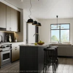 Modern open-concept kitchen at Warbler Place Welland featuring wood cabinetry, a dark grey kitchen island with seating, stainless steel appliances, and minimalist pendant lighting.