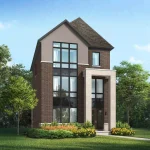 Artist rendering of a luxury detached home at Woodbine Parkside featuring a high-contrast dark brick and light stone exterior with expansive floor-to-ceiling windows.