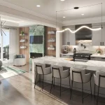 Modern open-concept kitchen rendering at Woodbine Parkside featuring a marble waterfall island, contemporary light fixtures, and a green marble fireplace in the living area.