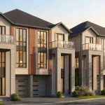 Street-level view of semi-detached homes at Woodbine Parkside showing contemporary architecture, glass balconies, and professional landscaping.