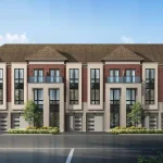 Exterior rendering of Woodbine Parkside modern townhomes with brick and stone facades, large windows, and built-in garages.