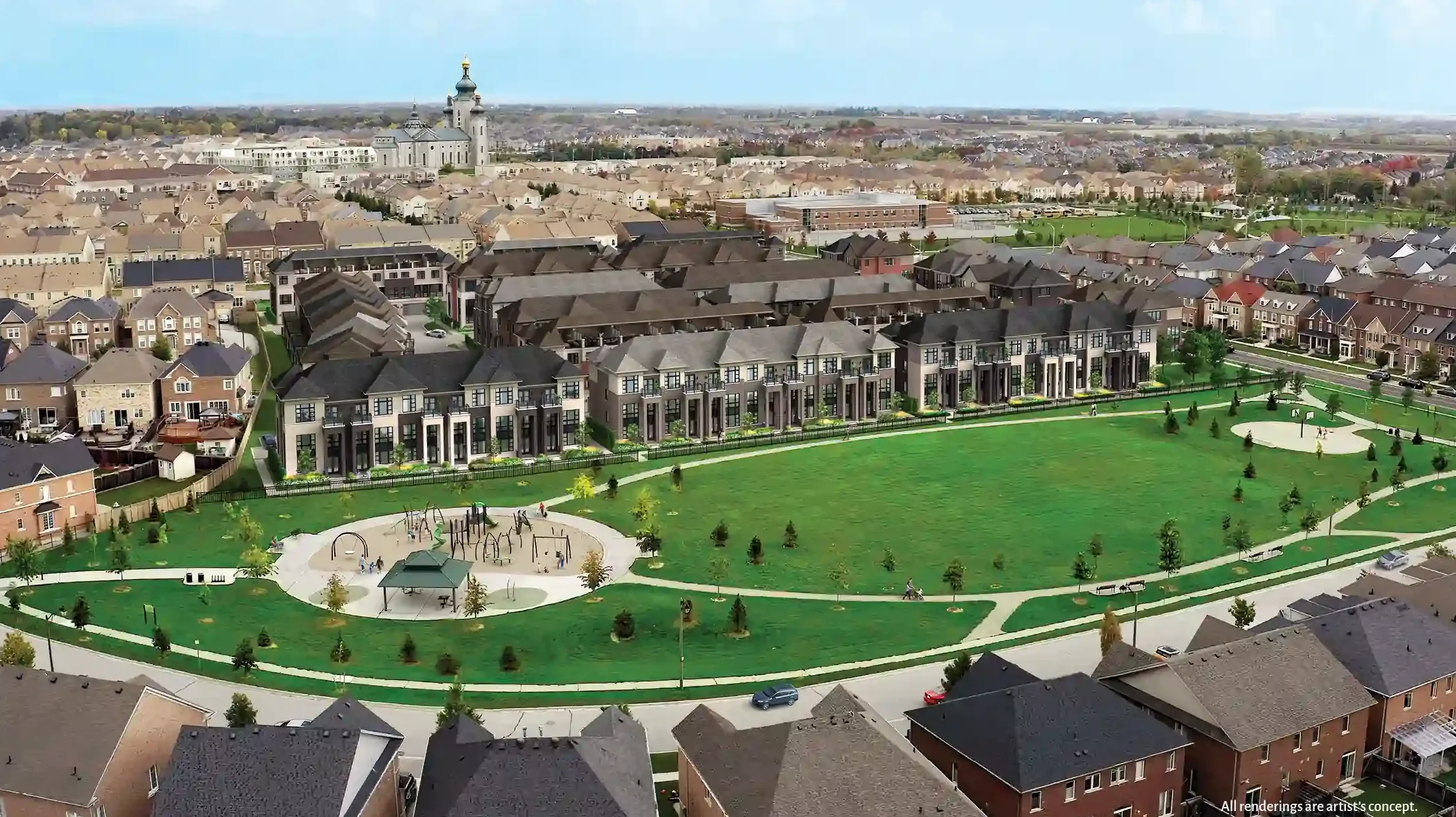Aerial artist's rendering of the Woodbine Parkside master-planned community featuring modern townhomes overlooking a large green park with a playground and walking trails.