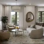 Spacious great room in the Carriage Series at 180 Towns, showcasing a contemporary fireplace, curved neutral furniture, a dedicated home office nook, and large windows overlooking lush greenery.