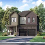 Modern two-story detached home architectural rendering in the Ashburn Hills community, showcasing a dark brick and charcoal grey siding exterior, a double-car garage, a covered front entryway, and a paved driveway lined with trees.