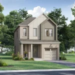 An architectural rendering of a two-story single detached home in Ashburn Hills with a single-car garage, beige brick facade, cream-colored siding, covered front porch entry, and a paved driveway surrounded by landscaping.
