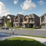 Architectural rendering of the modern detached homes and streetscape at the Ashburn Hills community, featuring two-story houses with contemporary brick and wood facades under a bright blue sky.