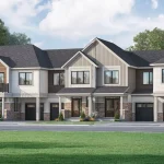 Architectural rendering of a modern townhouse block in the Ashburn Hills community, featuring multi-toned siding, light brick accents, second-story balconies, and dark single-car garage doors against a grassy lawn and clear sky.