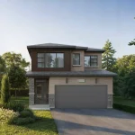 Exterior view of a Creekstone Contempo West Coast detached home with a mix of stone masonry, light brick, and wood-toned accents with a two-car garage.