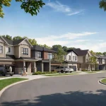 Wide streetscape view of the Creekstone neighborhood showing a curved road with diverse modern home designs, families walking dogs, and a person cycling.