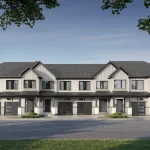 Architectural rendering of a Creekstone townhome block featuring modern farmhouse design, white siding, and dark gabled roofs under a blue sky.