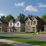 Wide-angle architectural rendering of a residential street at Heartwood Village featuring a row of modern two-story detached homes with brick and stone facades, landscaped lawns, and people enjoying a suburban lifestyle.