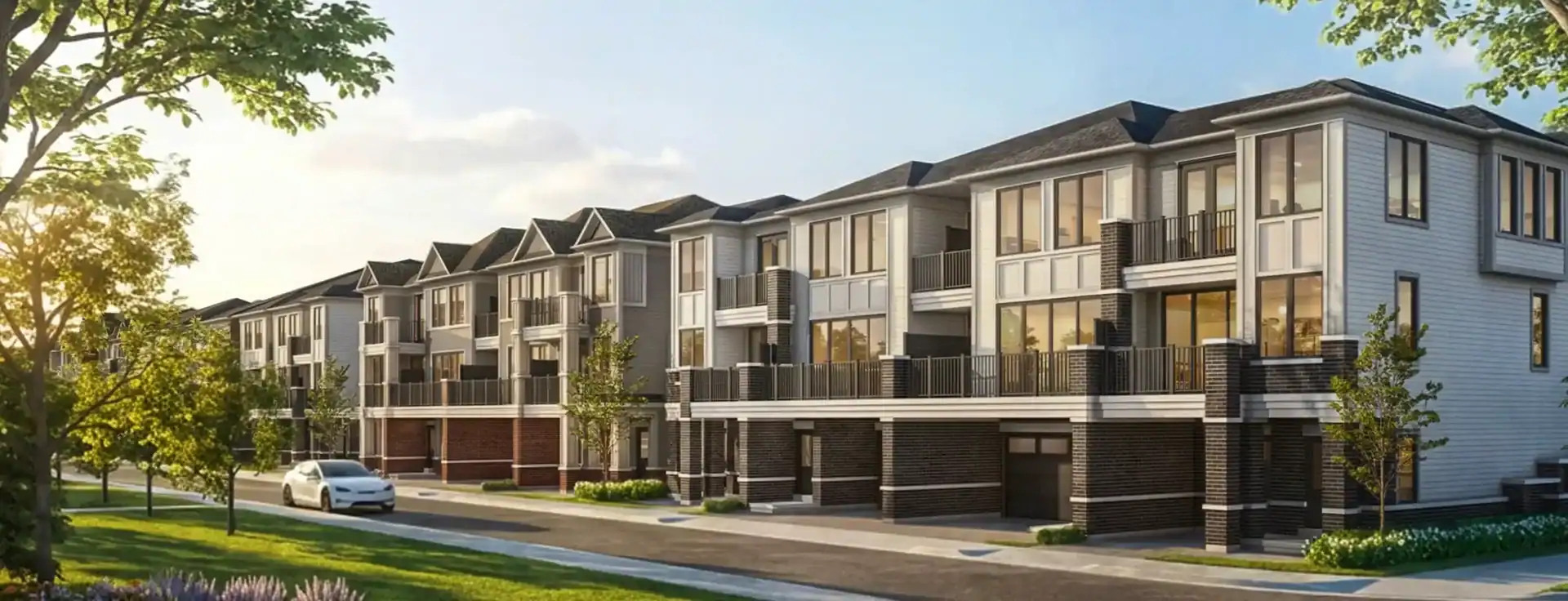 Streetscape view of Mirra Towns showing modern three-story townhomes with brick and siding exteriors, glass balconies, and manicured front lawns under a bright sky.