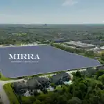 Aerial map view of the Mirra Towns development site at Brooklin Vue, highlighted between Baldwin St, Columbus Rd W, and Camber Court, near Brooklin High School and Highway 407.