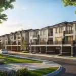 Streetscape view of Mirra Towns showing modern three-story townhomes with brick and siding exteriors, glass balconies, and manicured front lawns under a bright sky.