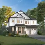 A sophisticated two-story detached house in Summersides Village featuring a high-contrast exterior of white horizontal siding on the upper level and dark brick on the lower level. The design includes a prominent white gable, a covered front porch, and a white double-car garage.