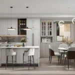 Luxury modern kitchen interior at Thornhill Heights featuring white cabinetry, a marble waterfall island, gold pendant lighting, and an integrated dining area.
