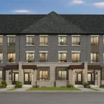 Architectural rendering of a modern block of 3-storey Glenway Towns featuring dark grey brick exteriors, light stone accents, and large windows under a dusk sky.