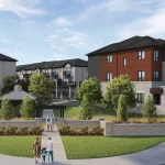 Lifestyle rendering of the Glenway Towns community in Newmarket, featuring pedestrian walkways, a park gazebo, green spaces, and residents walking near modern townhome buildings.