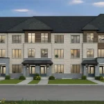 Street view rendering of Glenway Towns Rear Lane townhomes showcasing a mix of light cream brick, dark wood-style siding, and blue-grey stone entryways.