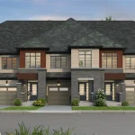 Exterior rendering of Glenway Towns Rear Yard townhomes featuring integrated garages, warm wood accents, grey stone facades, and manicured front landscaping.