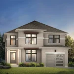 Exterior rendering of the 32-foot Orchard B model at Homestead Meadows, a light grey brick two-story home with a single-car garage and large modern windows.