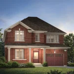 Architectural rendering of the 32-foot Summerwind A home at Homestead Meadows, showcasing a classic red brick exterior, a covered front porch, and a single-car garage nestled against a wooded backdrop.