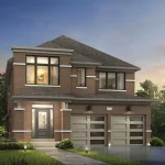 Rendering of the 36-foot Lakeport B home design at Homestead Meadows, featuring a dark red brick facade, a double-car garage, and a large second-story picture window.