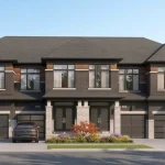 External architectural rendering of modern townhomes at MODO at Seatonville, featuring a dark brick and light stone facade, contemporary wood accents, and integrated garages under a clear blue sky.