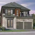 A 36-foot detached home by Brookfield Residential in Midhurst Valley, featuring a contemporary design with a second-story balcony, dark brick accents, and a double-car garage.