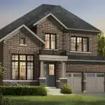 Traditional 44-foot detached home by CountryWide Homes in Midhurst Valley, featuring a classic red brick exterior, gabled rooflines, and a spacious two-car garage.