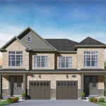 Exterior rendering of a Geranium semi-detached home in Midhurst Valley, featuring light brick and stone siding, two separate front entrances, and dark grey double garage doors.
