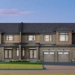 Architectural rendering of a modern townhome block at Newbrook with brick and wood-style siding and private garages.
