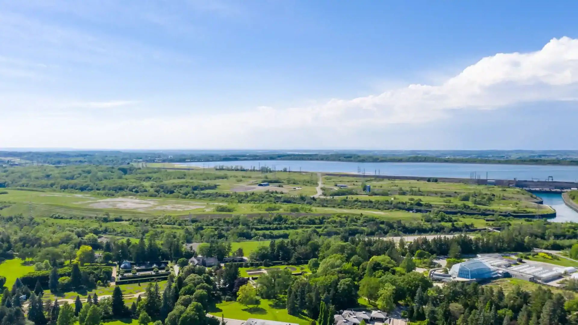 Aerial view of the lush green landscape and Sir Adam Beck Hydroelectric Generating Station in Niagara-on-the-Lake where St Davids Collection is located.
