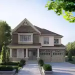 Exterior rendering of the Scanlon floor plan at Queen's Landing, showing a traditional two-story brick home with a double car garage, covered front porch, and manicured landscaping.