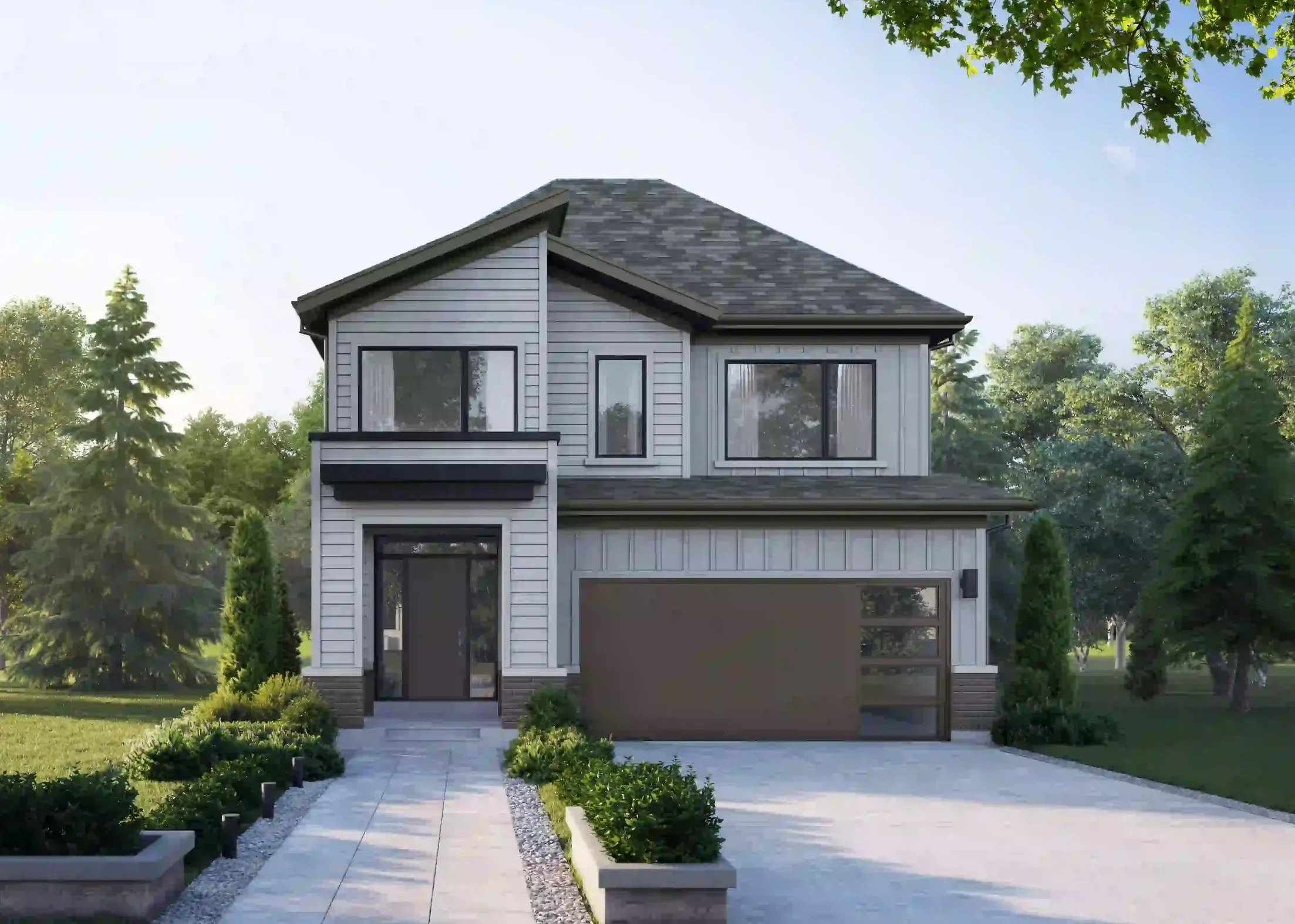 Exterior rendering of the Holland floor plan at Queen's Landing, featuring a modern farmhouse architectural style with light grey vertical siding and a large dark-panelled garage door.