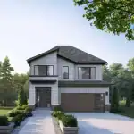 Exterior rendering of the Holland floor plan at Queen's Landing, featuring a modern farmhouse architectural style with light grey vertical siding and a large dark-panelled garage door.