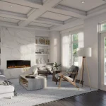 Bright and modern living room at Queen's Landing featuring a coffered ceiling, a sleek linear electric fireplace set in a floor-to-ceiling marble wall, and built-in shelving.