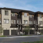 Street-level architectural rendering of Riverbank Place townhomes featuring a sophisticated mix of light stone masonry, dark brick accents, wood siding, and integrated multi-car garages under a clear blue sky.