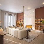 Luxury living room interior at Riverbank Place featuring a floor-to-ceiling marble fireplace, built-in wooden bookshelves with integrated lighting, a plush cream sectional sofa, and a warm terracotta accent wall.