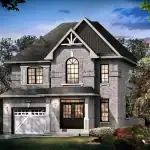 Exterior rendering of a 32-foot detached home in Sharon Village, featuring a grey brick facade, a white single-car garage door, and a gabled roof with elegant black-framed windows.