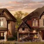 A wide-angle panoramic streetscape of Sharon Village at sunset, showcasing a row of luxury detached brick and stone homes with professional landscaping and residents enjoying the neighborhood.