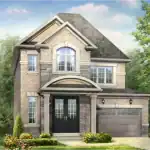 Exterior architectural rendering of a Springside Trails 36' detached home featuring a light brick and stone facade, arched second-story window, and a single-car garage with manicured landscaping.
