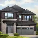 Modern exterior design of a Springside Trails 36' detached house showcasing dark espresso brickwork, large contemporary windows, a covered glass entry, and a sleek grey double-wide garage door.