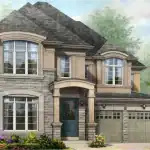 Front elevation of a Springside Trails 44' luxury detached home with a natural stone and stucco exterior, featuring two arched dormer windows and a spacious two-car garage.