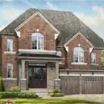 Traditional architectural rendering for a 44' detached model at Springside Trails, highlighting a classic red brick and grey stone finish, prominent gables, and a grand pillared porch entry.