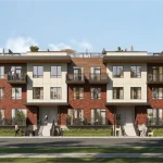 Exterior front-facing rendering of modern three-story Spruce Trails townhomes featuring red brick and light neutral facade panels, private balconies, and rooftop terraces.