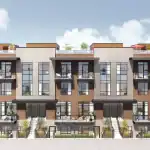 Architectural rendering of Spruce Trails modern townhomes featuring large floor-to-ceiling windows, private balconies, and landscaped rooftop terraces with umbrellas.