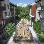 Rendering of the Spruce Trails community courtyard featuring a fenced children's play area, green space, and walking paths between townhome blocks.