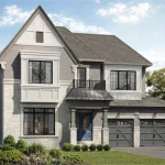 Exterior rendering of a two-story 52-foot detached single-family home at St Davids Collection featuring grey stone and brick cladding, second-floor balcony, double-car garage, and landscaped front yard.